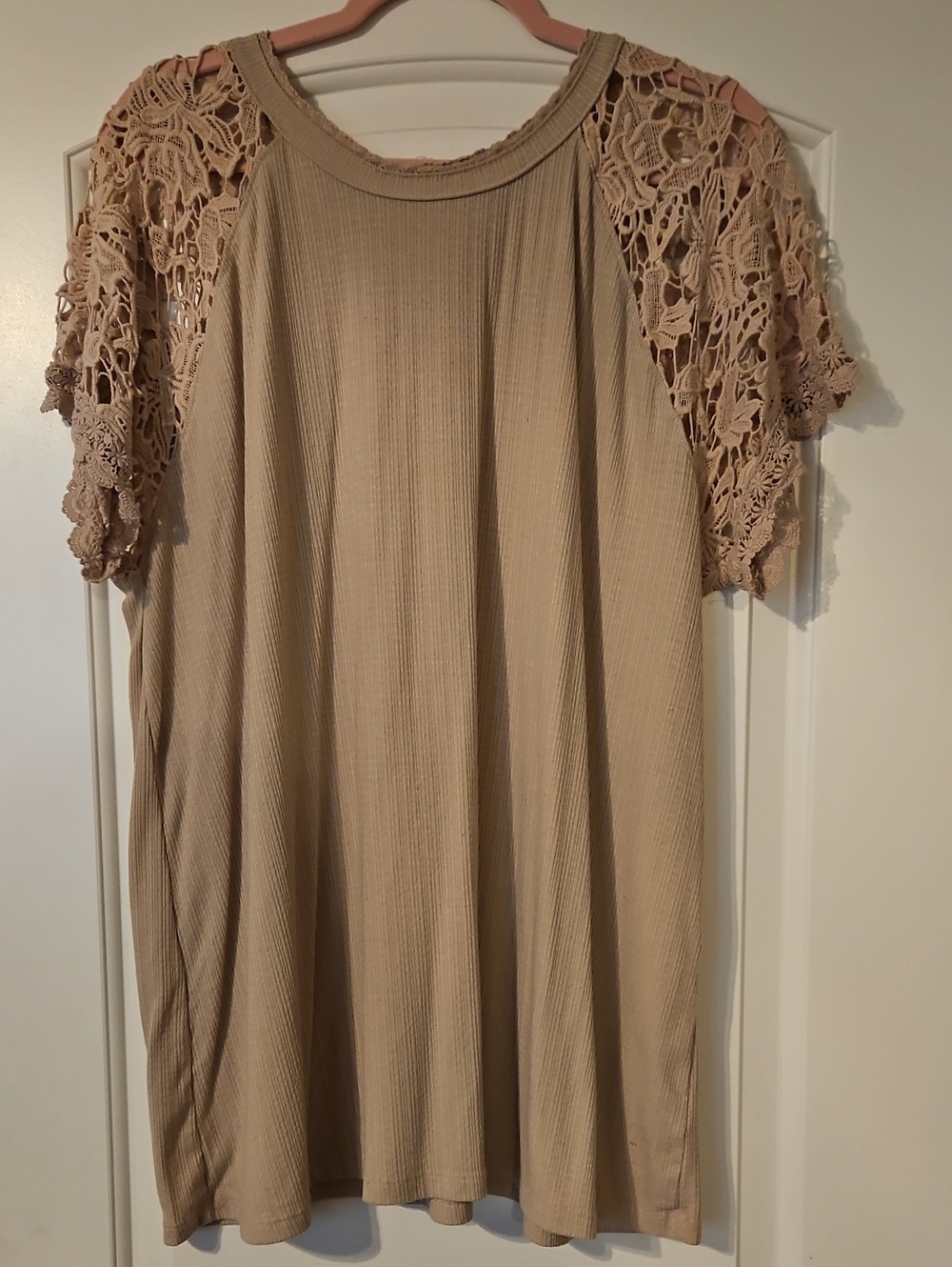 torrid Taupe Crochet Sleeve Ribbed Short Sleeve Top